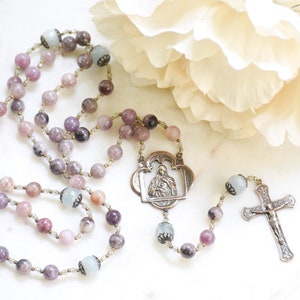 Our Lady's Immaculate Heart Catholic Rosary in Purple and Aquamarine