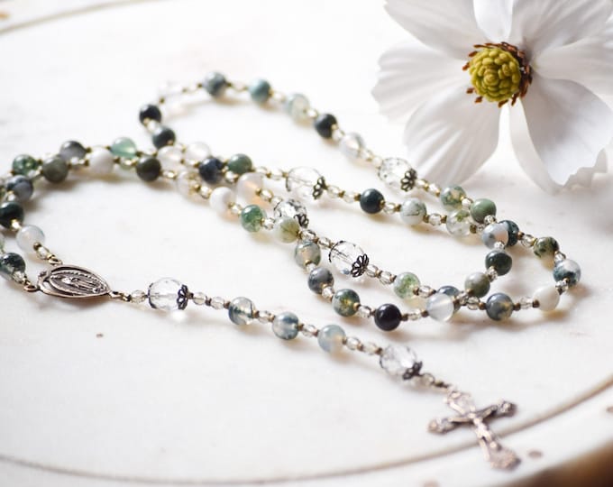 Our Lady of Guadalupe Catholic Rosary Beads in Moss Agate - Rosary - Confirmation Gift - Catholic Gift - First Communion - Rosary Beads