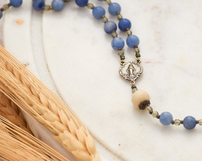 Miraculous Medal Rosary Beads in Blue Aventurine Catholic Rosary Beads First Holy Communion Gift