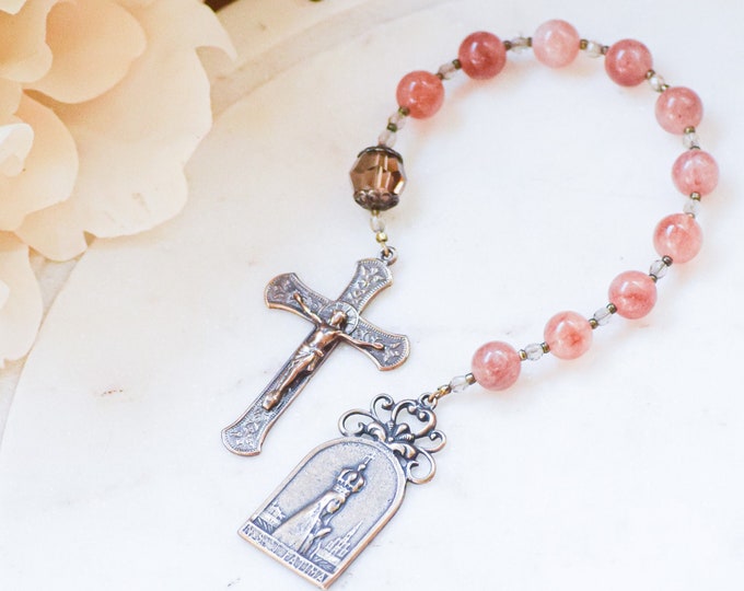 OUR LADY of FATIMA Pocket Rosary in Sunstone and Swarovski Crystal - Catholic Rosary - Decade Rosary - Confirmation Gift