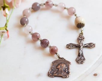Our Lady of Lilies Pocket Rosary in Rose Agate