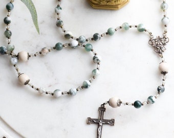 Tree Agate Shamrock Rosary: Bronze Crucifix, Catholic Gift