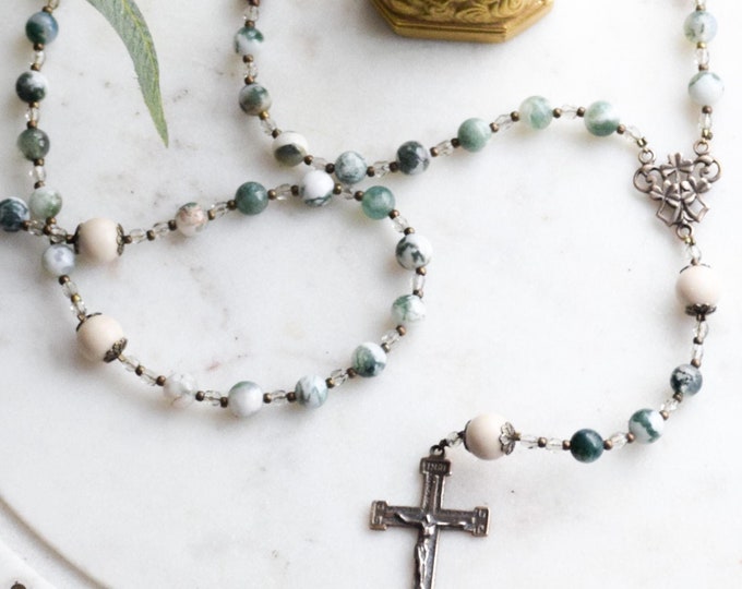 SHAMROCK Catholic Rosary Beads in Tree Agate - Rosary - Confirmation Gift - Catholic Gift - First Communion - Irish Rosary - St. Patrick