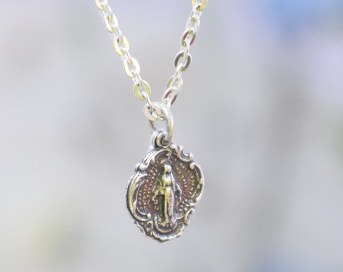 Everyday Miraculous Sterling Silver Medal Catholic Pendant and Chain with Swarovski Birthstone Accent