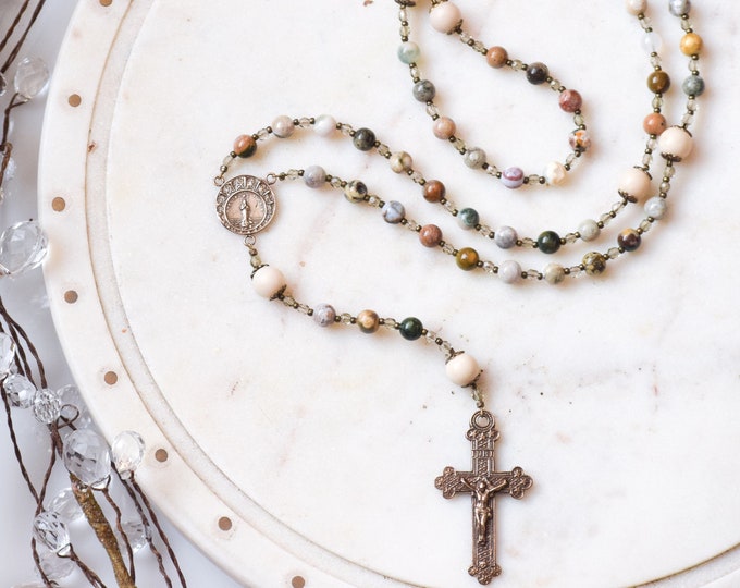 Stella Maris Catholic Rosary Beads in Ocean Jasper