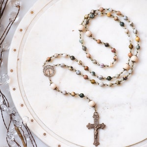 Stella Maris Catholic Rosary Beads in Ocean Jasper
