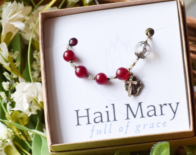 Rosary Bracelet in Scarlet Jade and Swarovski Crystal Miraculous Medal- Catholic Rosary - Confirmation Gift - Crucifix