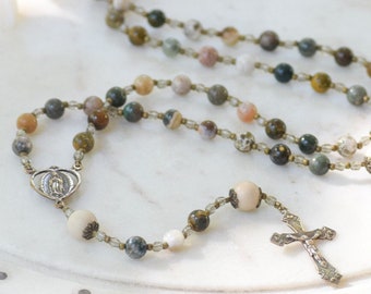 Our LADY of GUADALUPE Catholic Rosary Beads in Ocean Jasper - Rosary - Confirmation Gift - Catholic Gift - First Communion - Rosary Beads