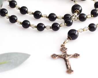 Black Onyx Rosary Beads: Bronze Crucifix, Catholic Gift
