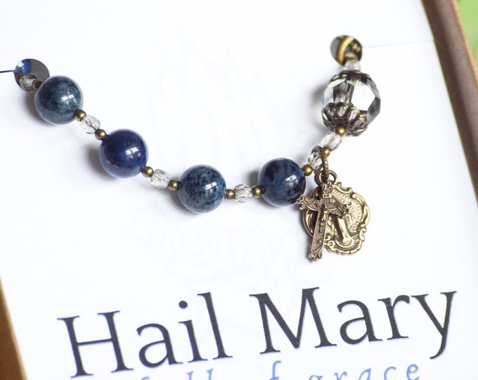 Rosary Bracelet in Deep Blue Dumortierite and Swarovski Crystal - Miraculous Medal Bracelet - Catholic Rosary - Confirmation Gift