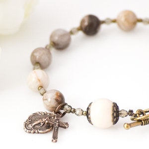 Rosary Bracelet in Silver Leaf Jasper with Miraculous Medal and Crucifix  - Miraculous Medal Bracelet - Catholic Rosary - Confirmation Gift