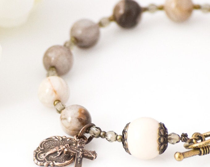 Rosary Bracelet in Silver Leaf Jasper with Miraculous Medal and Crucifix  - Miraculous Medal Bracelet - Catholic Rosary - Confirmation Gift