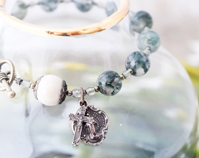 Rosary Bracelet in Moss Agate with Crucifix and Miraculous Medal Bracelet - Catholic Rosary - Handmade Rosary