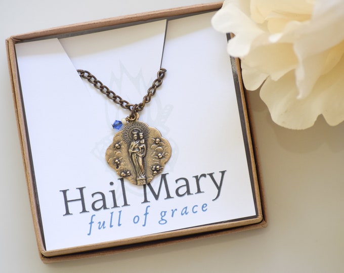 Queen of Angels Catholic Medal Pendant with Swarovski Crystal