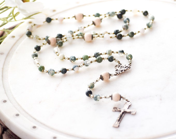 Shamrock Catholic Rosary Beads in Moss Agate - Rosary - Confirmation Gift - Catholic Gift - First Communion - Irish Rosary - St. Patrick