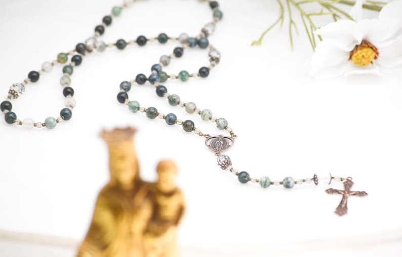 Our Lady of Guadalupe Catholic Rosary Beads in Moss Agate Rosary Confirmation Gift Catholic Gift First Communion Rosary Beads image 6