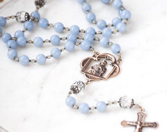 Our Lady's Immaculate Heart Catholic Rosary in Blue Angelite and Swarovski Crystal