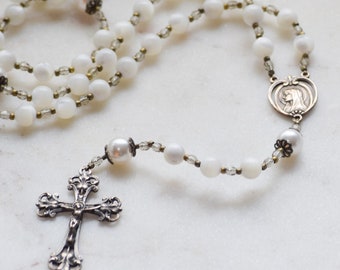 Mother of Pearl Rosary: Swarovski Pearls, Bronze Crucifix - First Communion Gift