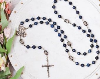 AUSPICE MARIA Catholic Rosary Beads in Blue Gemstone and Austrian Crystal - Rosary - Confirmation Gift - Catholic Gift - First Communion