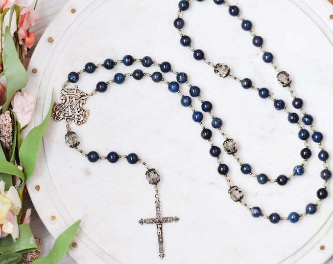 Auspice Maria Catholic Rosary Beads in Blue Gemstone and Austrian Crystal - Rosary - Confirmation Gift - Catholic Gift - First Communion