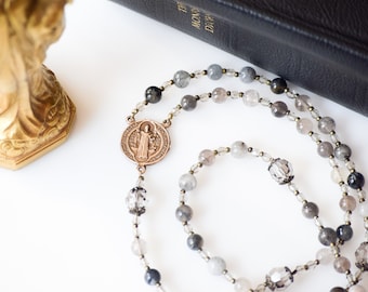 Saint Benedict Rosary: Blue-Gray Quartz & Crystal, Bronze Medal