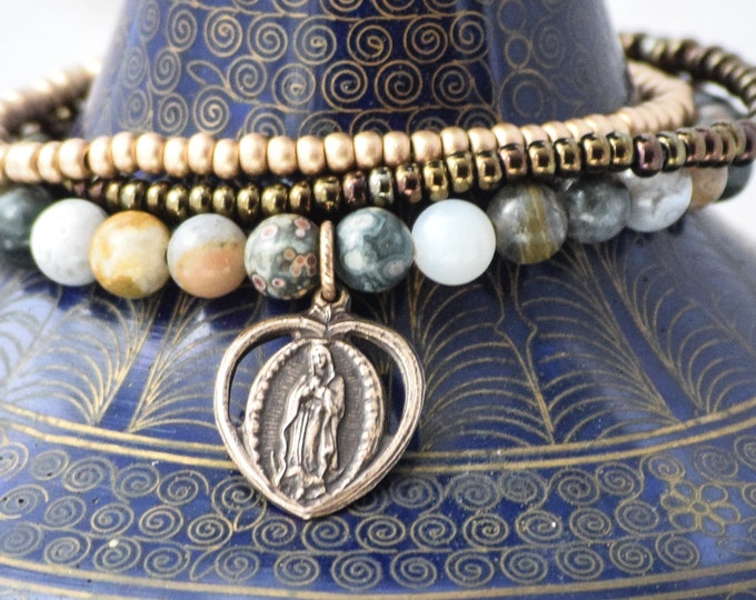 Our Lady of Guadalupe Stretch Bracelet in Ocean Jasper