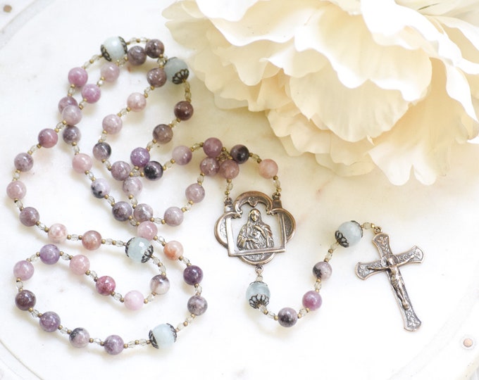 Our Lady's Immaculate Heart Catholic Rosary in Purple and Aquamarine
