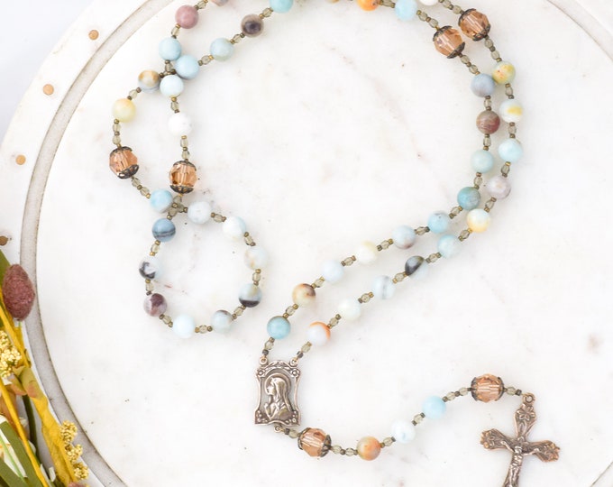 Our Lady of the Lilies Catholic Rosary in Amazonite and Swarovski Crystal  - Rosary - Confirmation Gift - Catholic Gift - First Communion