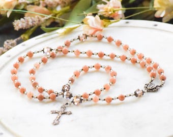 Peach Agate Rosary: Crystal Accents, Bronze Crucifix - Catholic Gift