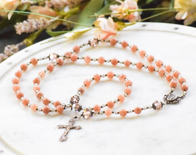 Unbreakable Peach Agate Catholic Rosary with Genuine Crystal - Rosary - Confirmation Gift - Catholic Gift - First Communion