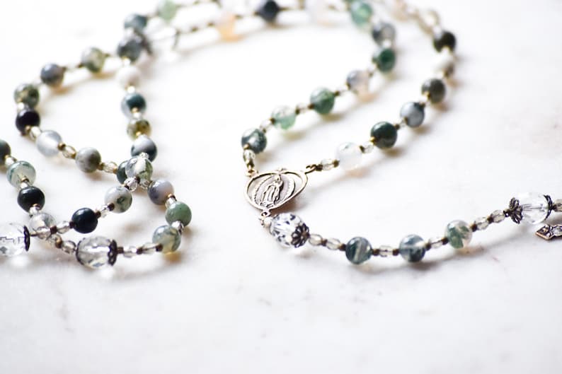 Our Lady of Guadalupe Catholic Rosary Beads in Moss Agate Rosary Confirmation Gift Catholic Gift First Communion Rosary Beads image 4