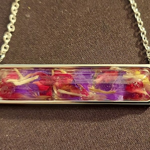 Custom made keepsake Silver Bar Necklace made from your dried flowers from funeral, wedding, or any meaningful occasion