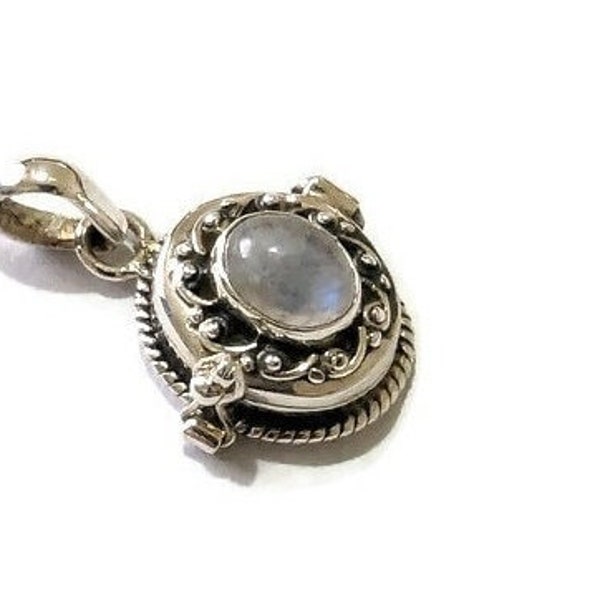 Natural moonstone locket box pendant, 925 sterling silver chain, handcrafted jewellery gift