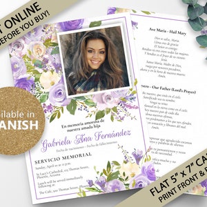 Plantilla de programa funerario, tarjeta funeraria, plantilla de programa funerario de bienvenida, plantilla de programa funerario para mujer, memorial español imprimible F3