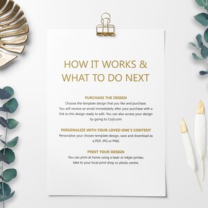 May include: A white sheet of paper with gold text explaining how to purchase, personalize, and print a design template. The text includes the website Corjl.com.