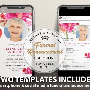 Puede incluir: Dos plantillas de anuncio de funeral para un teléfono inteligente y redes sociales. Las plantillas presentan un diseño floral rosa con una foto de una mujer. El texto en las plantillas dice "Celebrando la vida de Belinda Jane Anderson".