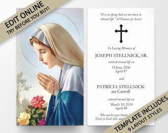 funeral prayer card, prayer cards, Our Lady, memorial prayer card, memorial card, prayer card template, funeral template, funeral card P153