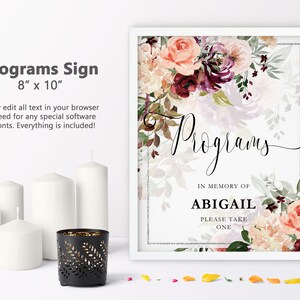May include: Printable 8x10 inch sign with a floral design in shades of pink, burgundy, and green. The sign says "Programs" in memory of Abigail. It also says "Please take one".