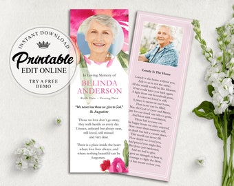 Funeral bookmark template for woman blush pink rose, memorial bookmarks, funeral bookmark printable, celebration of life bookmarks, 2.5x7 F1