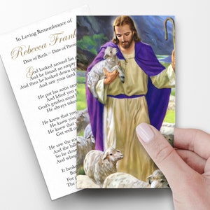 Tarjetas de oración, Tarjetas de oración conmemorativas del Buen Pastor y sus ovejas, Tarjetas de oración católicas, Tarjetas de oración personalizadas para el funeral, Tarjetas funerarias,