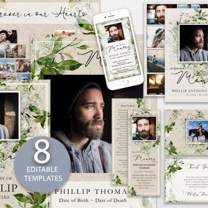 Forest Greenery Bestattungsprogramm Vorlagen-Bundle, bearbeitbares Bestattungs-Bundle, In Loving Memory-Paket, Paket zur Feier des Lebens, Gedenkstätte FP30