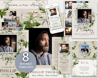 Forest Greenery Funeral Program Template Bundle, Editable Funeral Bundle, In Loving Memory Suite, Celebration of Life Package, Memorial FP30