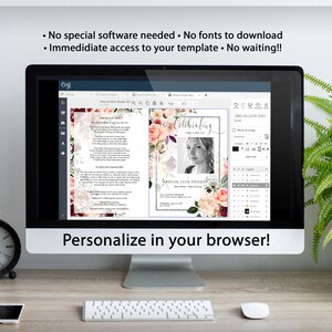May include: A computer screen displaying a digital template for a funeral program. The template features a floral design with pink and red roses and a photo of a woman. The text on the screen reads "Celebrating the Life of" and "Abigail Jane Thomas".