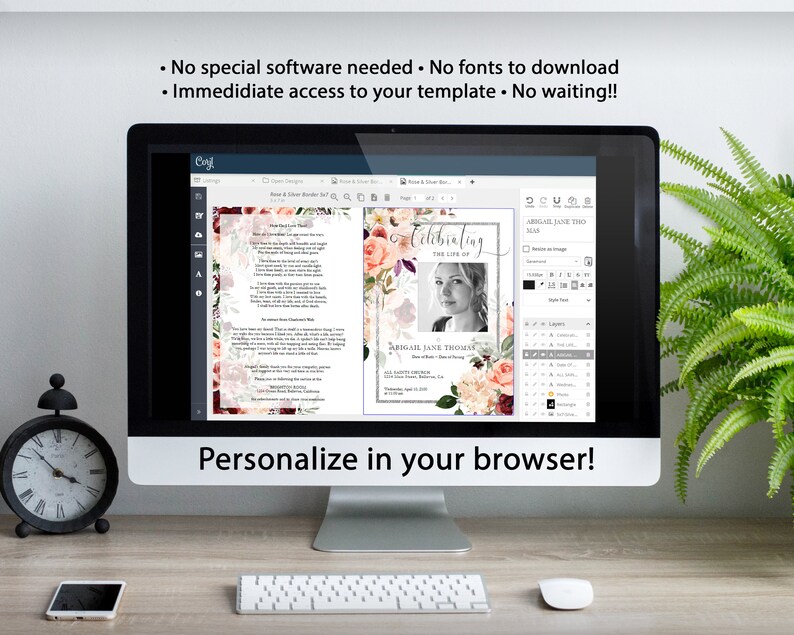 May include: A computer screen displaying a digital template for a funeral program. The template features a floral design with pink and red roses and a photo of a woman. The text on the screen reads "Celebrating the Life of" and "Abigail Jane Thomas".