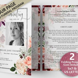 May include: A floral funeral program template with a photo of a woman and the text "Celebrating the Life of Abigail Jane Thomas". The program includes the date of birth and passing, the location of the service, and an excerpt from Winnie the Pooh. The program is available in two sizes: 5x7 and US Letter.