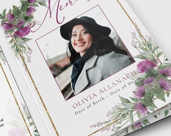 Scottish Highlands Funeral Program Template, Editable Funeral Program Template, Scottish Thistles, Funeral Card Template FP65