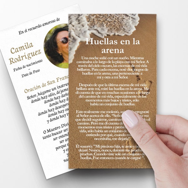 Spanish Prayer Cards, Footprints In The Sand, Spanish catholic funeral prayer cards, prayer card template, custom prayer cards, catholicSP31