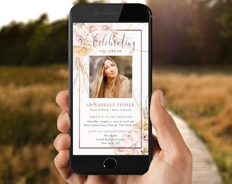Puede incluir: Una invitación digital a un memorial con un diseño floral en tonos rosa y amarillo. La invitación presenta una foto de una joven y un texto que dice "Celebrando la vida de Annabelle Fisher" e incluye detalles sobre el servicio y la recepción.