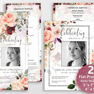 May include: A funeral program template with a floral design featuring peach and burgundy flowers. The program includes a photo of the deceased, the order of service, and the text "Celebrating the Life of".