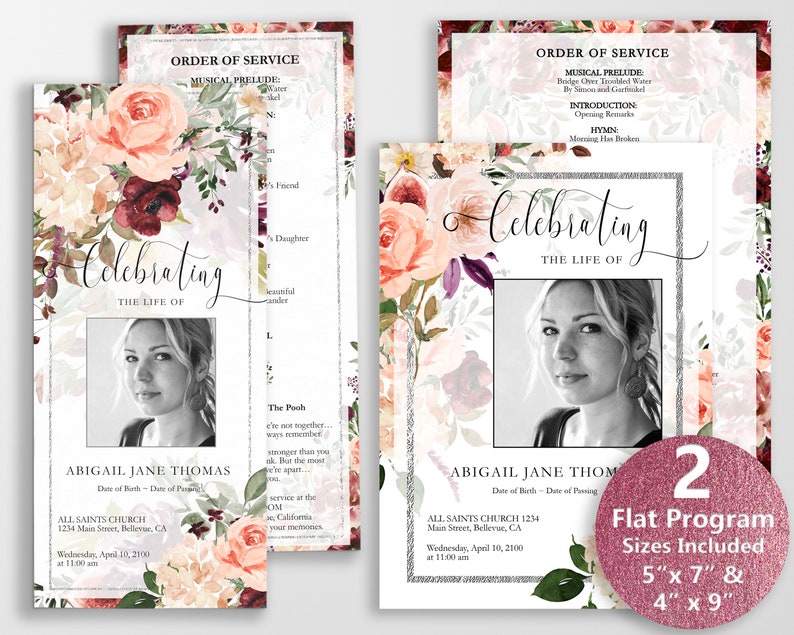 May include: A funeral program template with a floral design featuring peach and burgundy flowers. The program includes a photo of the deceased, the order of service, and the text "Celebrating the Life of".
